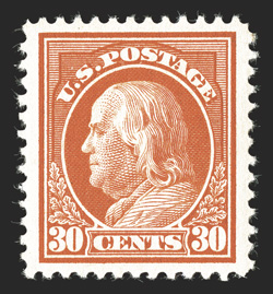 420, 30c Orange red, a gorgeous mint single, featuring dazzling color that is remarkably deep and intense, exceedingly well centered within wide margins, o.g., n.h., extremely
fine gem 1986 PF certificate and a 2008 PSE certificate (XF-Superb 9