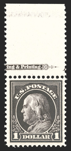 423, $1.00 Violet brown, top margin partial imprint single, deep luxuriant color and a prooflike impression, well centered within large margins, o.g., n.h., extremely fine and
choice premium never hinged examples of this high value are quite sc