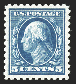 428, 5c Blue, extraordinarily well centered within large margins, bright fresh color, o.g., n.h., extremely fine 1990 PF certificate.