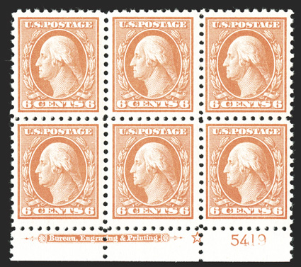 429, 6c Red orange, bottom margin imprint, star and plate no. 5419 block of six, quite well centered (especially the middle stamps), brilliantly fresh, o.g., n.h., very
fine.