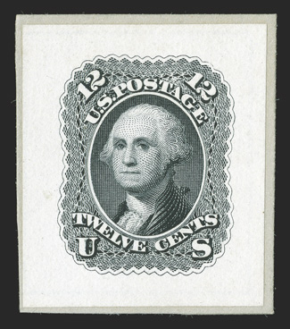 59P2, 12c Black, small die proof on wove, neatly affixed to a small piece of the Roosevelt album page, strong color on immaculate paper, extremely fine (now listed as
69-E6b).