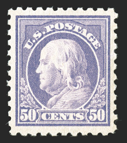 440, 50c Violet, well centered within uncommonly large margins, warm rich color, unblemished o.g., n.h., choice very fine an especially challenging stamp to find in premium
certified never hinged condition 1990 PF certificate.