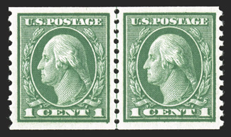 443, 1c Green flat plate coil, perf. 10 vert., a guide line pair that is the epitome of perfection, being magnificently centered within lavishly large margins, incredibly rich
color and impression on bright paper, pristine o.g., n.h., extremely