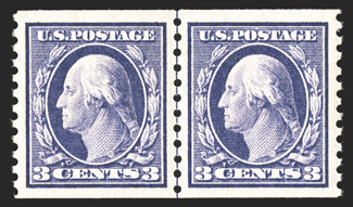 445, 3c Violet flat plate coil, perf. 10 vert., a beautiful guide line pair, being impeccably well centered within especially lavish margins for a coil, deep luxuriant color
and a razor-sharp impression on bright white paper, o.g., lightly hinge