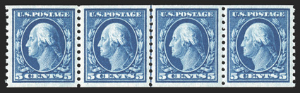 447, 5c Blue flat plate coil, perf. 10 vert., handsome guide line strip of four, well centered (especially the middle line pair), deep intense color, o.g., n.h., extremely fine
1989 PF certificate.