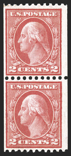 449, 2c Red rotary coil, Ty. I, perf. 10 horiz., mint pair of this coil rarity, bright color in the characteristic shade, o.g., top stamp lightly hinged, bottom stamp never
hinged, very fine overall 1989 PF certificate.