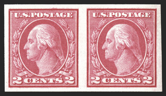 459, 2c Carmine imperforate coil, pair, large margins all around, bright color, o.g., n.h., extremely fine 1980 PF certificate.