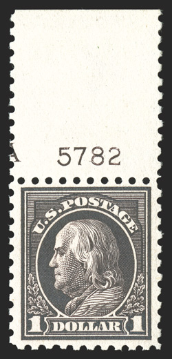 460, $1.00 Violet black, top margin plate no. 5782 single, uncharacteristically well centered amid wide margins, deep rich color and a crisp detailed impression, o.g., never
hinged (quite scarce thus), choice very fine 1988 PF certificate.