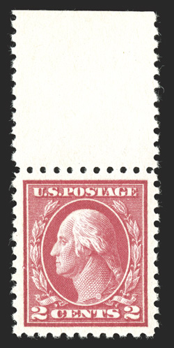 463, 2c Carmine, a superb top sheet-margin single, mathematically precise centering amid large margins, rich vibrant color on bright white paper, immaculate o.g., n.h., an
extremely fine gem in every regard 2007 PSE certificate (Superb 98 SMQ