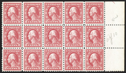 467, 5c Carmine error, single error in a block of fifteen, well centered within large margins, vibrant color, o.g., n.h., very fine a handsome error multiple.