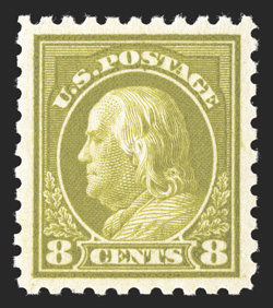 470, 8c Olive green, gem mint example that is extraordinarily well centered within large margins, beautiful rich color and a deep impression, o.g., n.h., extremely fine 2005
PSE certificate (XF-Superb 95 SMQ $1,000.00).