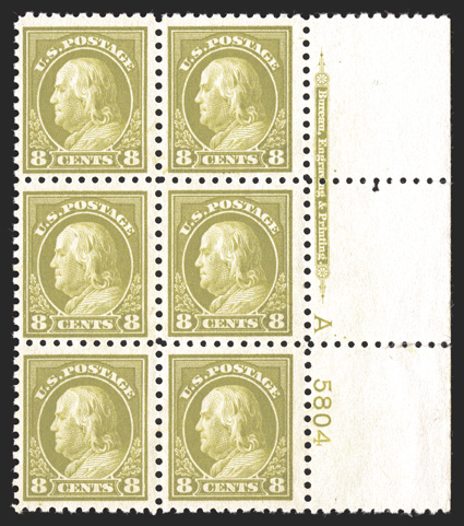 470, 8c Olive green, full right margin imprint, letter A and plate no. 5804 block of six, well centered, strong rich color, o.g., n.h., a couple mild gum bends, a few separated
perfs. in the selvage, very fine.