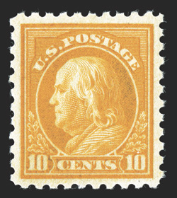 472, 10c Orange yellow, a most impressive mint single, possessing deep radiant color on crisp fresh paper, exceedingly well centered within large margins, o.g., n.h., extremely
fine 1991 PF certificate.