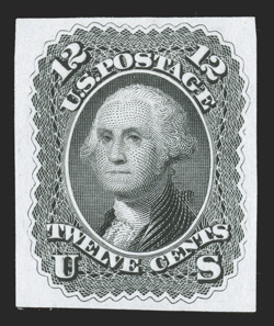 59P3, 12c Black, plate proof on India, large margins all around, sharp impression on immaculate white paper, extremely fine 1990 PF certificate (now listed as
69-E6d).