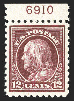 474, 12c Claret brown, top margin plate no. 6910 single, excellent centering within especially large margins, lovely rich color and a well incised impression on fresh white
paper, o.g., n.h., extremely fine 1990 PF certificate.