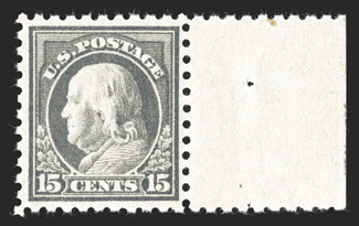 475, 15c Gray, fresh right sheet-margin single, with rich bright color on pristine white paper, well centered, o.g., n.h., choice very fine photocopy of a 1989 PF certificate
for a block of four, this being the bottom right stamp.