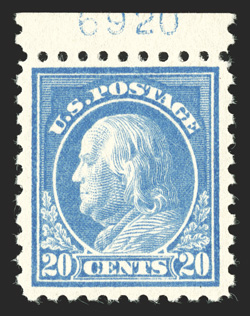 476, 20c Light ultramarine, top margin plate no. 6920 single, beautiful color in a particularly deep and luxuriant shade, prooflike impression on immaculate white paper, well
centered and margined, o.g., n.h., extremely fine 1990 PF certificate