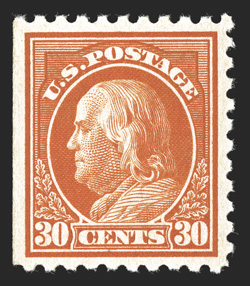 476A, 30c Orange red, the extremely rare unwatermarked, perforated 10 issue, position 31, with natural straight-edge at left, unusually well centered for this rarity that is
typically found quite poorly centered, bright vibrant color, o.g., neve