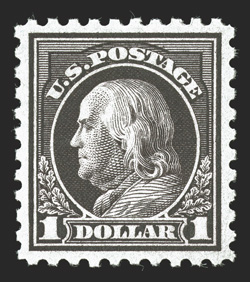 478, $1.00 Violet black, a highly desirable mint single that is extraordinarily well centered, rich luxuriant color and an excellent impression on fresh paper, o.g., n.h.,
extremely fine premium never hinged examples of this high value are few