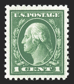 498, 1c Green, a superb mint example of this relatively common stamp, in a most uncommon quality, being flawlessly centered amid exceedingly large and perfectly balanced
margins all around, brilliantly rich color and a well incised impression, p