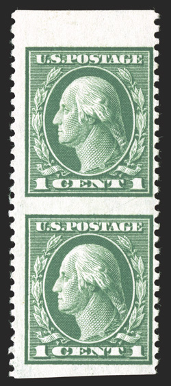 498a, 1c Green, vertical pair, imperforate horizontally, top sheet-margin pair, centered a bit to the right as often, rich color, o.g., h.r., fine only one error pane of 100
(50 pairs) reported 1990 PF certificate.