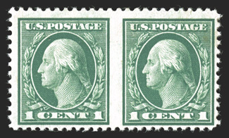 498b, 1c Green, horizontal pair, imperforate between, lovely rich color, typical centering, o.g., lightly hinged, a fine example of this very scarce error signed Sloane and
accompanied by a 1991 PF certificate.