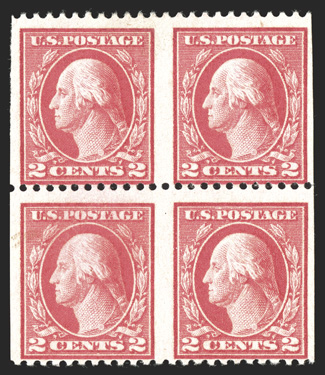 499b, 2c Rose, Ty. I, horizontal pair, imperforate vertically, block of four containing two error pairs, brilliant color, centered to the bottom as are all known examples,
o.g., top pair hinged and with small thins, bottom pair never hinged, sma