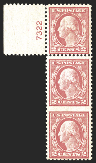 499c, 2c Rose, Ty. I, vertical pair, imperforate between, vertical strip of three, the bottom pair imperforate between, with plate no. 7322 in the selvage next to the top
stamp, well centered, o.g., lightly hinged, very fine an especially e