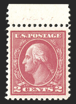 500, 2c Deep rose, Ty. Ia, top sheet-margin single, well centered within extravagantly large margins, the size of which are rarely seen on this stamp, bright color, pristine
o.g., n.h., extremely fine 1989 PF certificate.