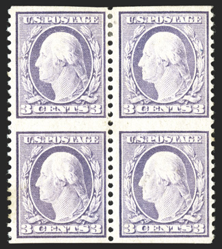 501c, 3c Light violet, Ty. I, vertical pair, imperforate horizontally, an incredibly rare block of four containing two error pairs, attractively centered, o.g., mild h.r., left
pair with natural gum creasing, very fine with only a total of 25