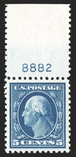 504, 5c Blue, gem top margin plate no. 8882 single, perfectly centered within large margins, rich vibrant color and a deeply etched impression on fresh paper, unblemished o.g.,
n.h., extremely fine 1989 PF certificate for a block of four, this