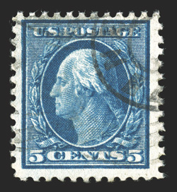 504b, 5c Blue, double impression, with a strong and clear second impression, light oval cancel, tiny natural paper wrinkle (as all examples have), similar centering to the
other three known copies, fine one of only four known examples, all
