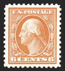 506, 6c Red orange, a striking mint example, being perfectly centered within extraordinarily large margins, brilliantly fresh color, pristine o.g., n.h., an extremely fine gem
for the perfectionist 2008 PSE certificate (Superb 98 Jumbo SMQ $60