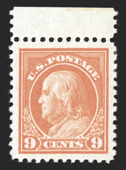 509, 9c Salmon red, a superb top sheet-margin mint single, flawlessly centered amid lavishly large margins all around, gorgeous color that is especially bright and fresh,
immaculate white paper, o.g., n.h., an extremely fine large-margined gem