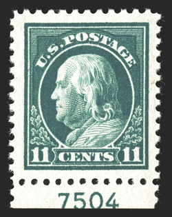 511, 11c Light green, an eye-arresting bottom sheet-margin plate no. 7504 single, with enormous margins all around and being exceptionally well centered as well, intense color,
o.g., n.h., an extremely fine gem 1989 PF certificate ex-Morris.