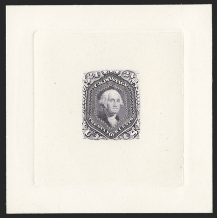 60P1, 24c Violet large die proof on India, die sunk on 70x71mm card, incredibly fresh, with deep luxuriant color on an absolutely pristine white card, very fine and scarce (now
listed as 70TC1).