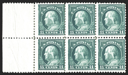 511 var., 11c Light green, double impression, left sheet-margin block of six containing six double impressions, this being the discovery multiple and to our knowledge contains
the only certified examples of this error, centered to right, o.g
