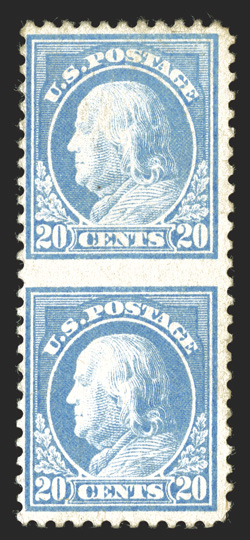 515b, 20c Light ultramarine, vertical pair, imperforate between, a bit off center as are all known examples of this very rare error, o.g., lightly hinged, fine only the second
such example we have ever offered 1999 PF certificate.