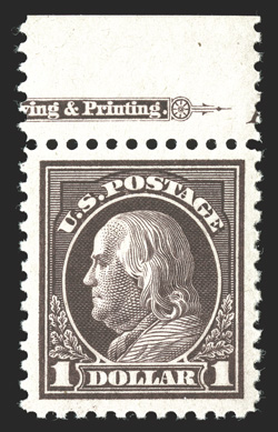 518, $1.00 Violet brown, especially handsome top margin partial imprint single, with uncommonly large and perfectly balanced margins all around, sumptuously rich color and a
highly detailed impression, o.g., n.h., an extremely fine gem for the m