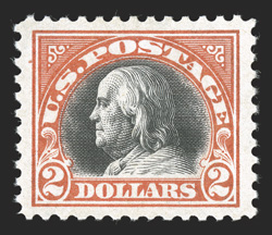 523, $2.00 Orange red and black, marvelously well centered amid much larger margins than usually found, strong colors, o.g., lightly hinged, extremely fine and choice 1990 PF
certificate.
