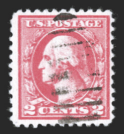 528Ad, 2c Carmine, Ty. VI, double impression, a rarely seen used example, bright color, light portion of a duplex cancel, fine used examples are particularly difficult to come
by, cataloged only mint in Scott 1988 PF certificate ex-Saadi.