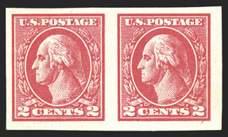 534B, 2c Carmine offset imperforate, Ty. VII, horizontal pair, large margins all around, bright rich color, o.g., n.h., left stamp with tiny natural paper wrinkle, very
fine-extremely fine a desirable pair of this rare stamp clear 1987 PF cert