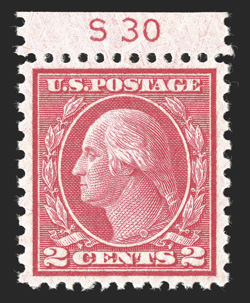 540, 2c Carmine rose coil waste, Ty. III, perf. 11x10, an exceedingly choice top margin plate no. S30 single, remarkably well centered within considerably larger margins than
normally associated with this difficult stamp, intensely rich color an