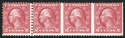 540b, 2c Carmine rose coil waste, Ty. III, horizontal strip of three, imperforate vertically, horizontal strip of four, imperforate between second, third and fourth stamps,
centered to the top as are all known examples, brilliantly rich color, o