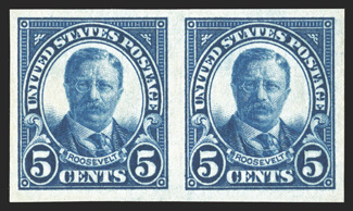 557a, 5c Dark blue, imperforate, gem mint horizontal pair of this rare and seldom offered imperforate error, being one of the finest of the 50 pairs known, large margins all
around, bright and fresh, o.g., n.h., extremely fine among the ver