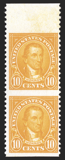 562a, 10c Orange, vertical pair, imperforate horizontally, pristine top sheet margin mint example of this very rare error, radiant color, centered a bit to the right as always
but actually better centering than the vast majority, o.g., lightly h
