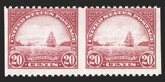 567a, 20c Carmine rose, horizontal pair, imperforate vertically, centered to the top as always, strong rich color, o.g., lightly hinged, fine only 50 such pairs were produced
1990 PF certificate.