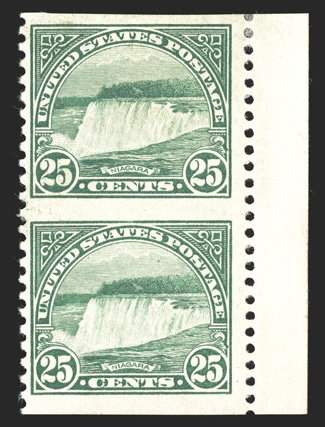 568b, 25c Yellow green, vertical pair, imperforate horizontally, right sheet-margin pair, centered to the left as are all know examples, quite fresh, o.g., minor h.r., fine a
key error rarity of the 1922 Issue, with only one sheet believed to h