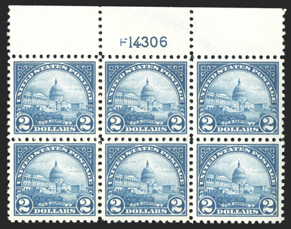 572, $2.00 Deep blue, top margin plate no. F 14306 block of six, well centered, rich color on crisp white paper, o.g., n.h., a few minor gum skips, very fine.