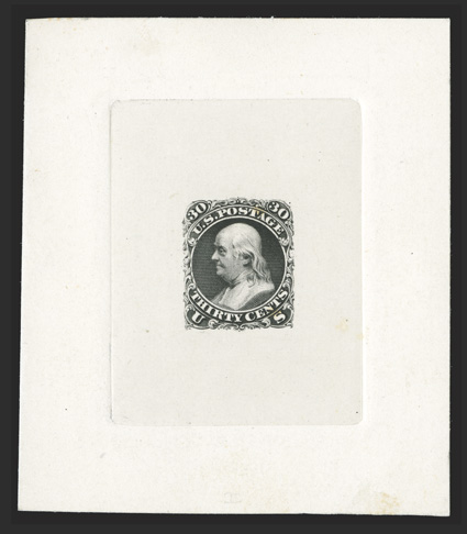 61TC1, 30c Black, large die trial color proof on India, die sunk on 77x90mm card, a couple insignificant toned specks, otherwise quite fresh and very fine an exceedingly scarce
trial color proof 2005 PF certificate (now listed as 71-E2a).